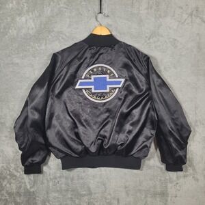 Vintage Genuine Chevrolet Bomber Satin Jacket Black Mens L USA Made Snap Front